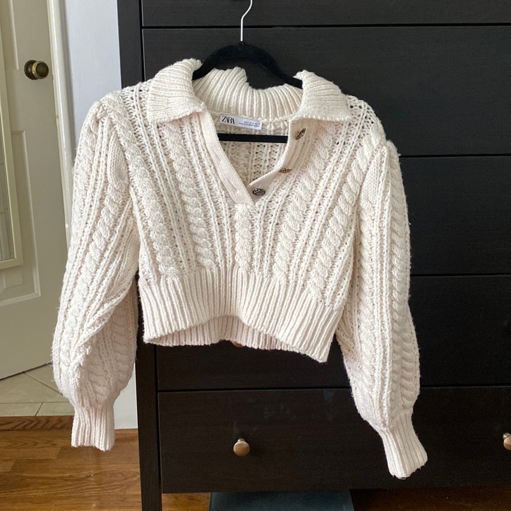 Zara Cropped Chunky Fall Knit Sweater Polo Cropped Top Size Small Button Detail